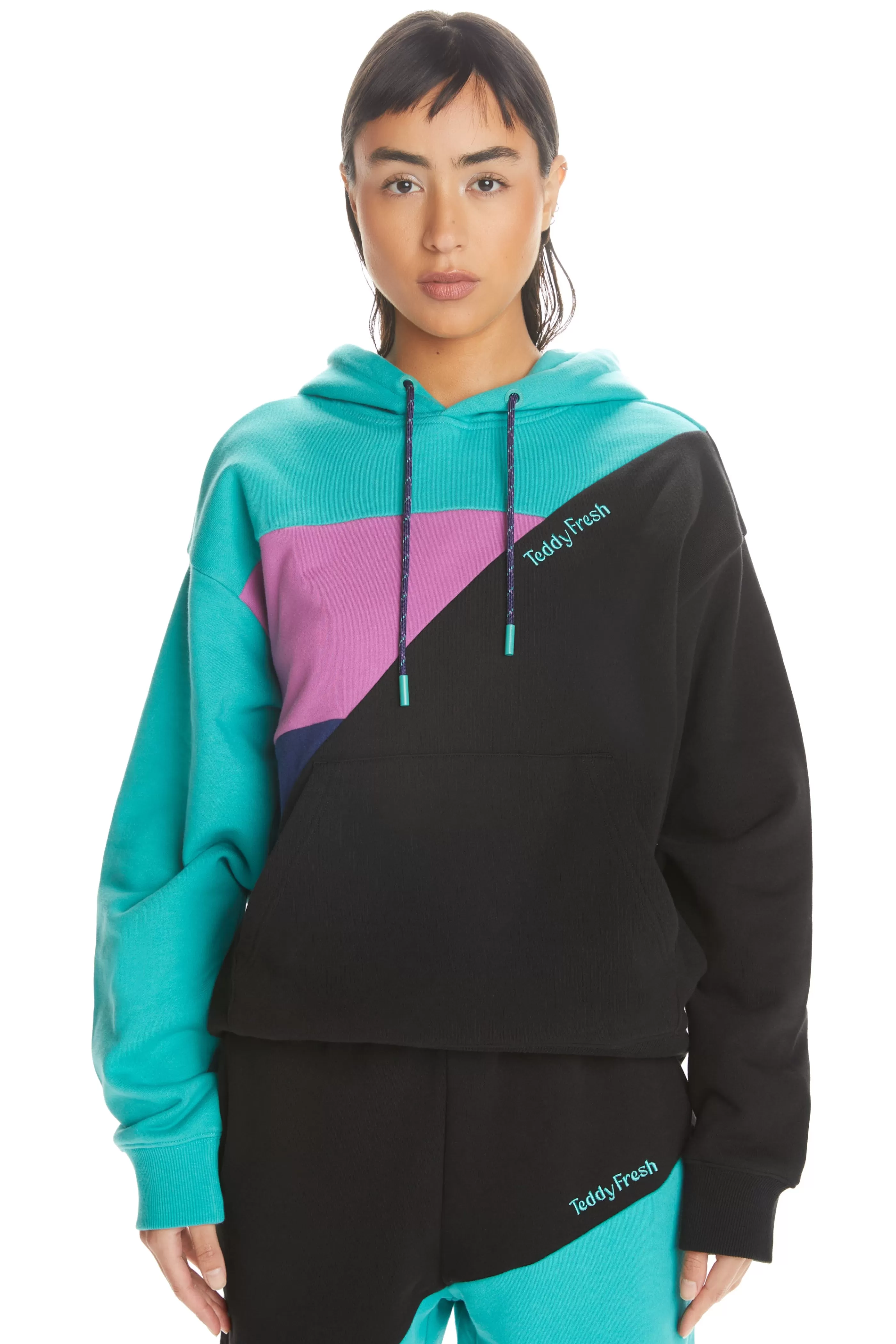 Teddy Fresh Asymmetric Color Block Hoodie Black Clearance