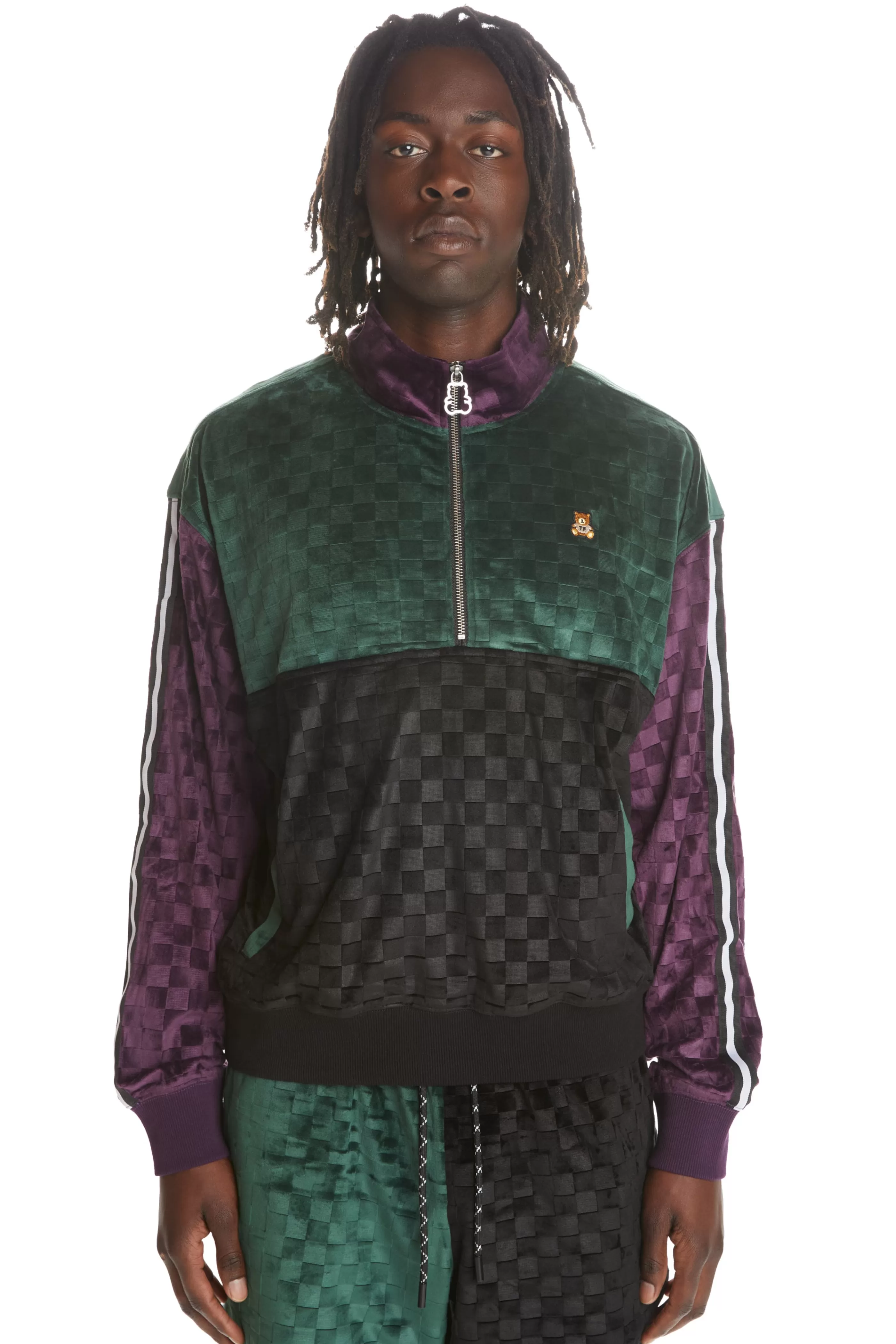 Teddy Fresh Embossed Checker Velour Zip Funnel Neck Multi New