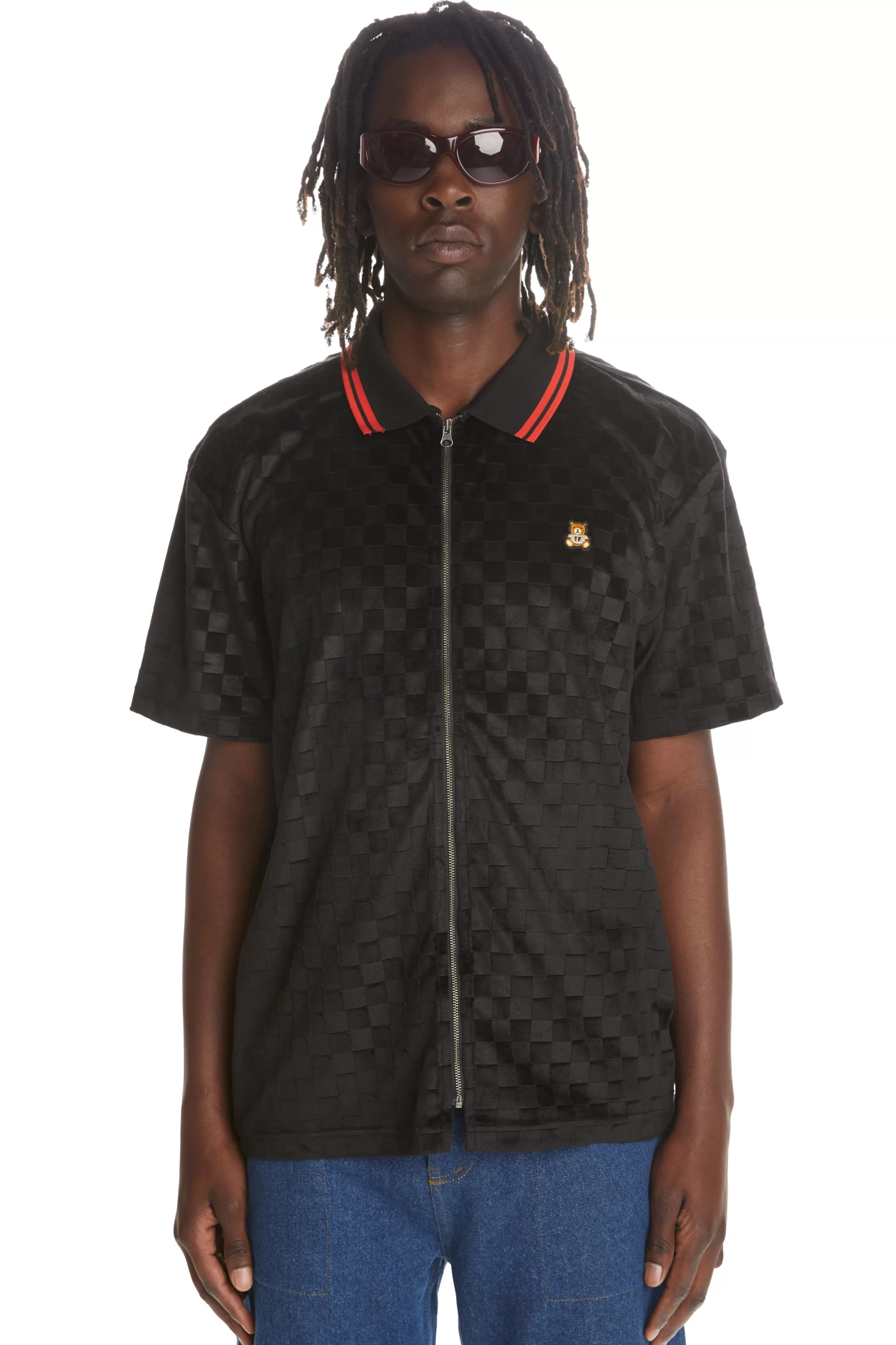 Teddy Fresh Embossed Checker Velour Zip Shirt New