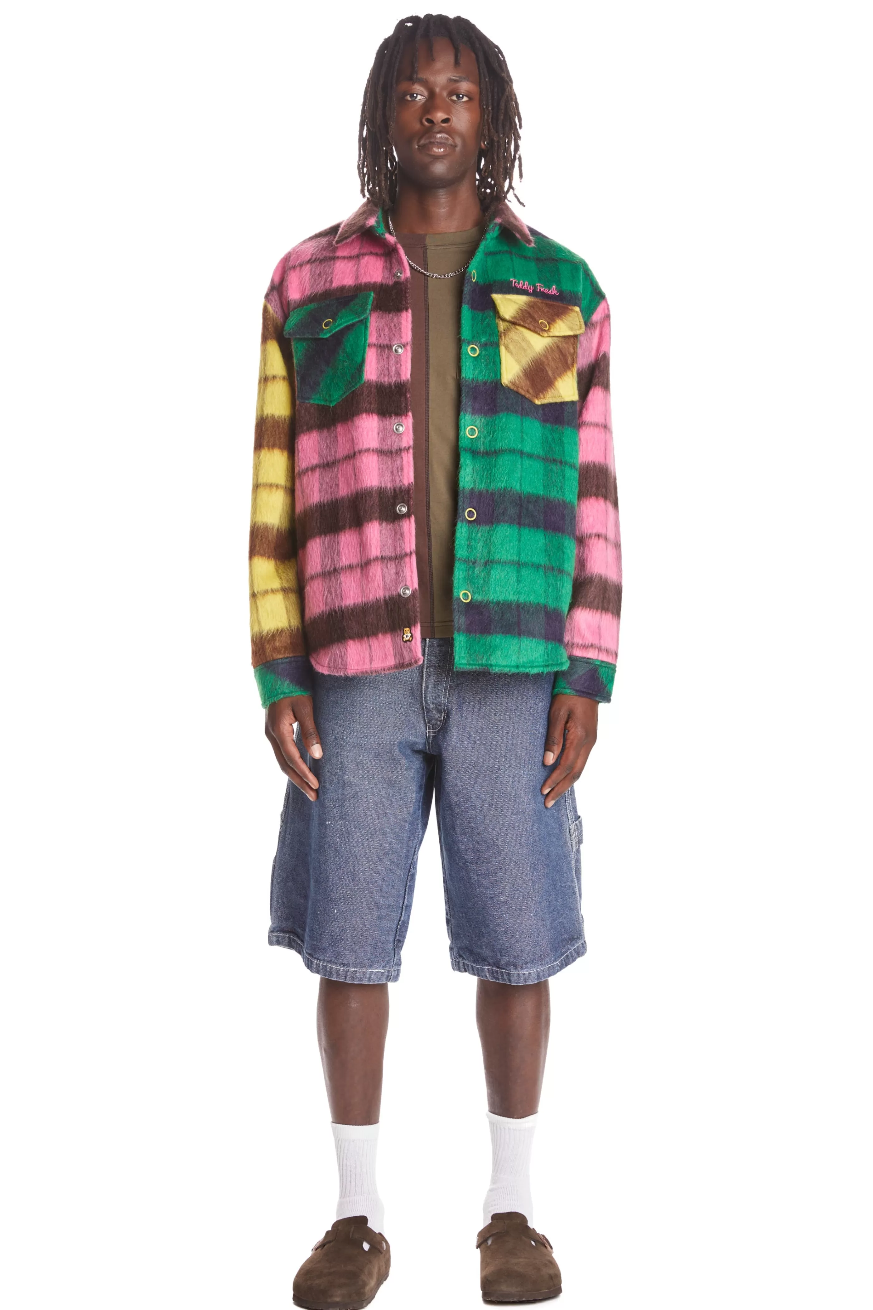 Teddy Fresh Fuzzy Plaid Snap Shacket Store