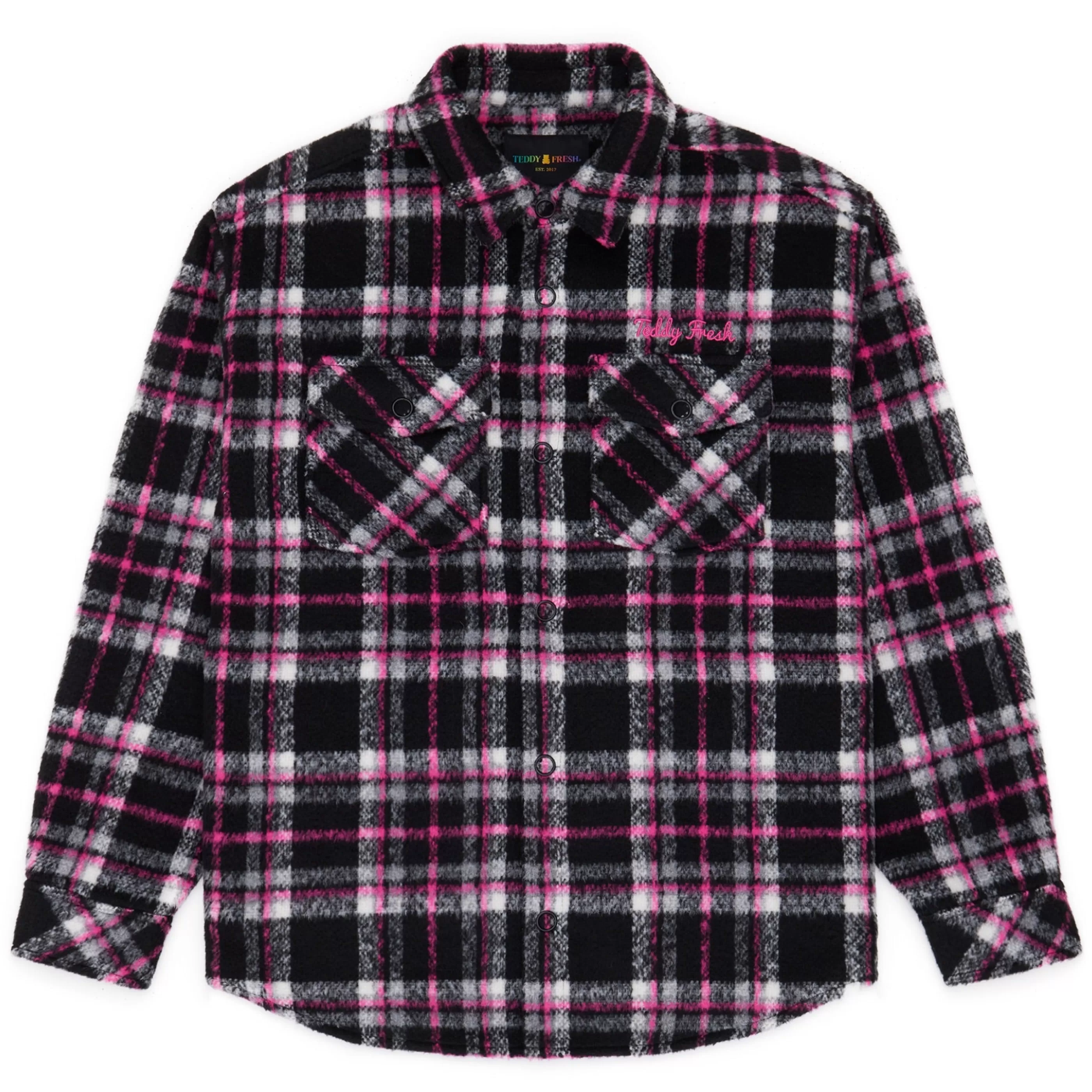 Teddy Fresh Fuzzy Plaid Snap Shacket Store