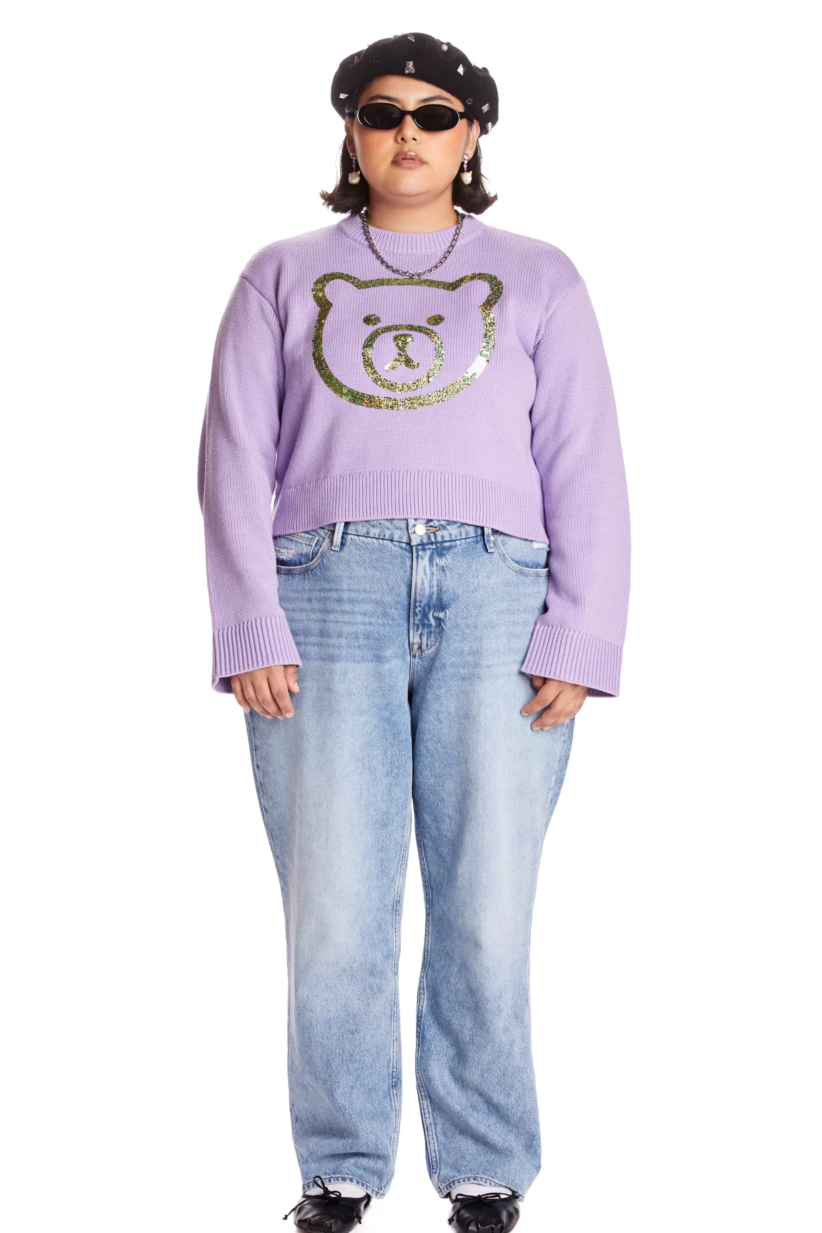 Teddy Fresh Sequin Bear Sweater Lavender Flash Sale