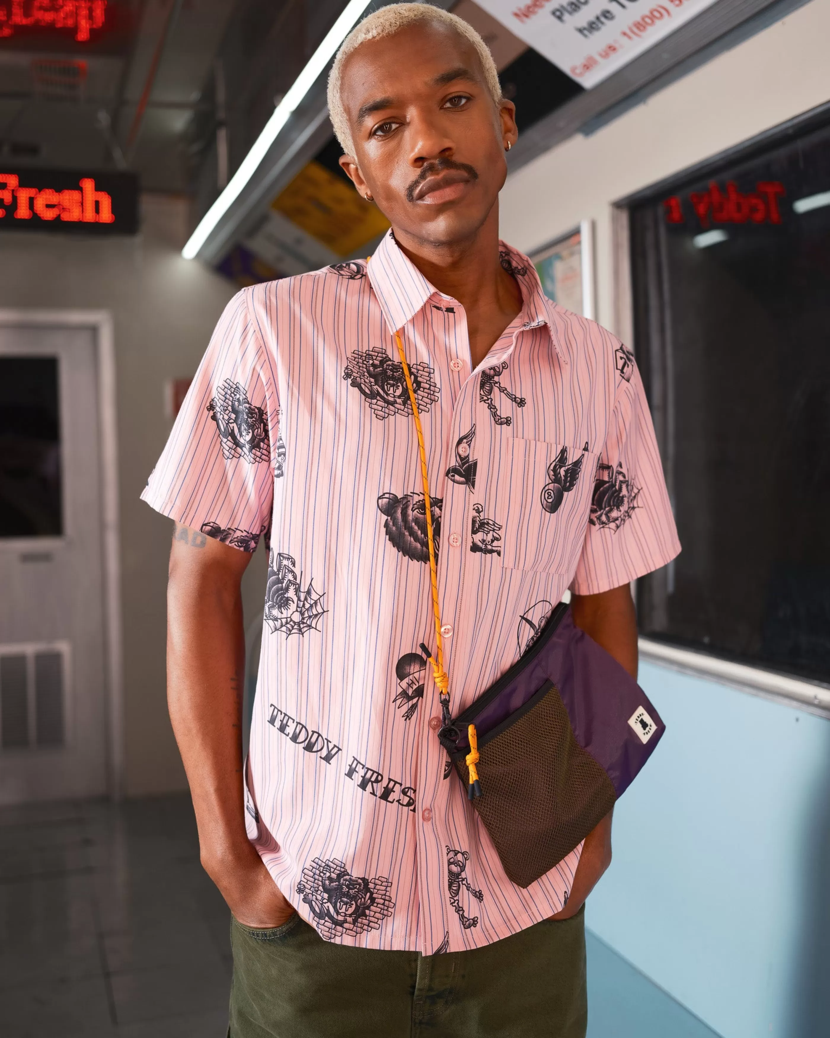 Teddy Fresh Tattoo Button Up Shirt Pink Online