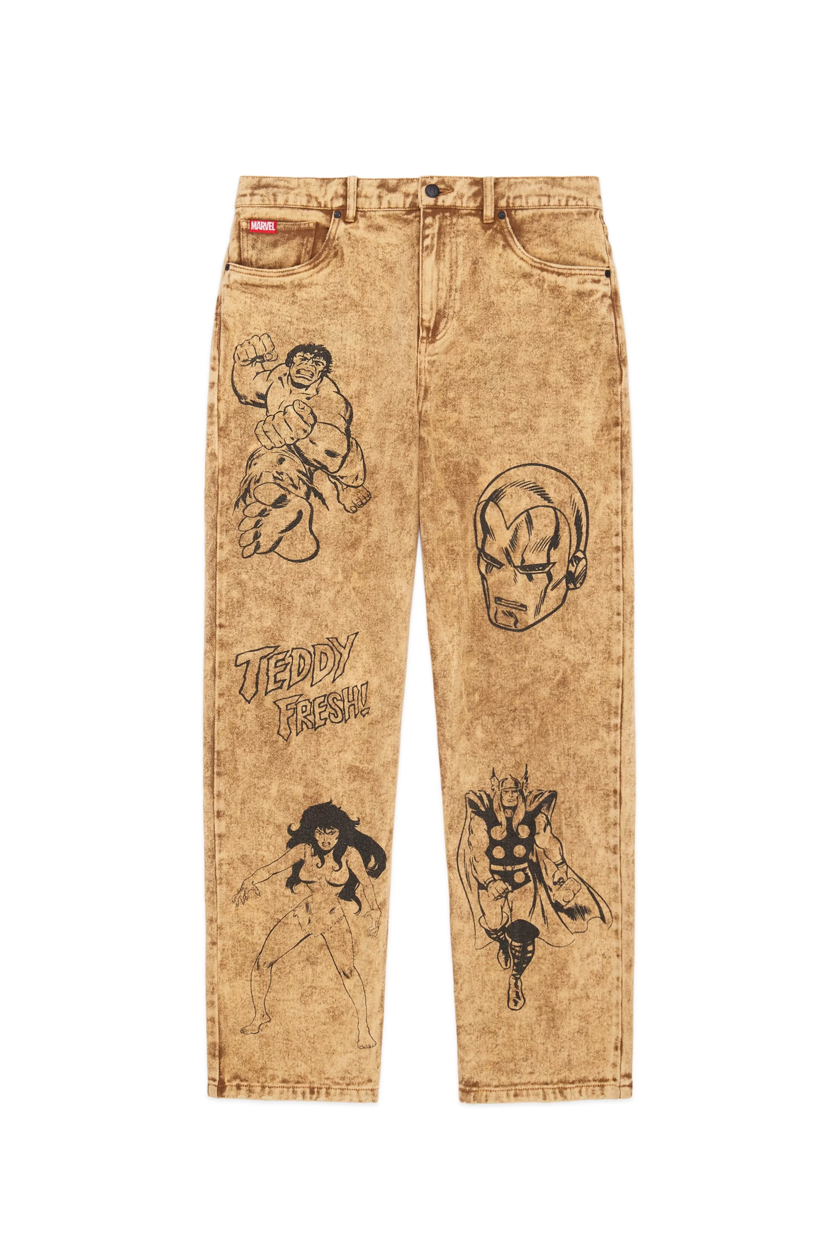 Teddy Fresh TF X Marvel Acid Wash Jeans Brown Fashion